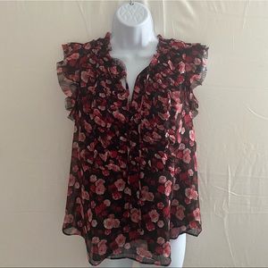 NWT Philosophy Black Floral Print Ruffle Sleeveless Blouse, Size S